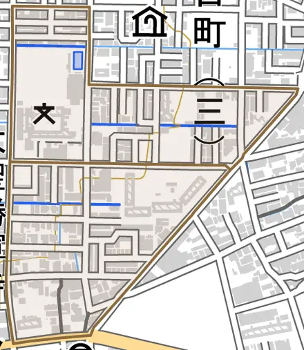 東太子とその周辺の地図。町の範囲を重ねている