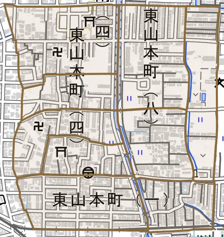 東山本町とその周辺の地図。町の範囲を重ねている