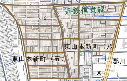 東山本新町とその周辺の地図。町の範囲を重ねている