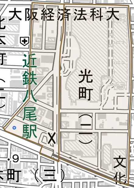 光町とその周辺の地図。町の範囲を重ねている