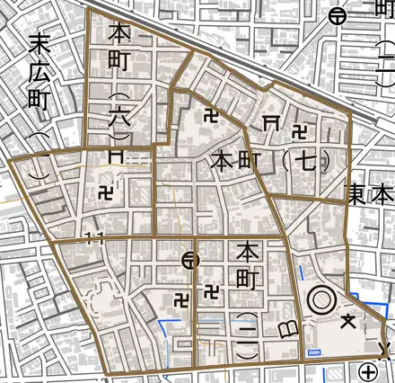 本町とその周辺の地図。町の範囲を重ねている