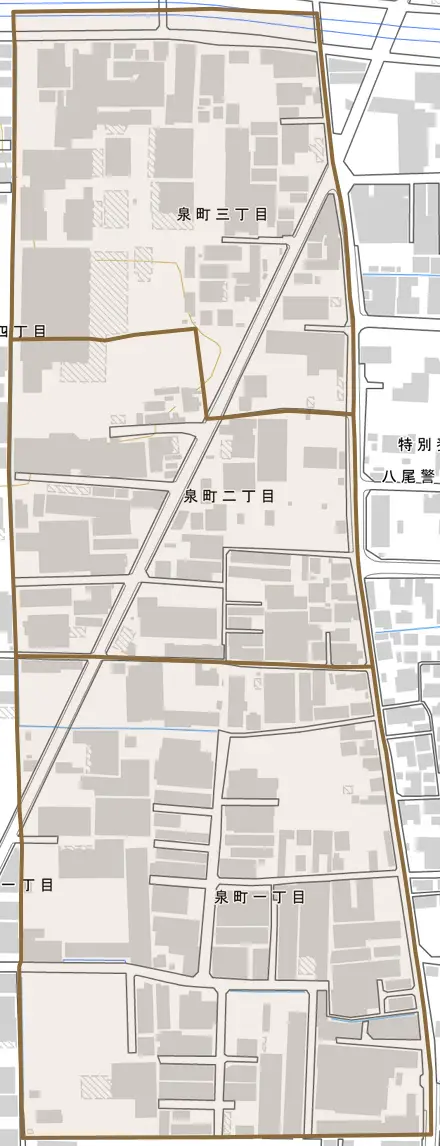 泉町とその周辺の地図。町の範囲を重ねている