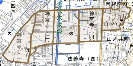 神宮寺とその周辺の地図。町の範囲を重ねている