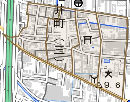 亀井町とその周辺の地図。町の範囲を重ねている