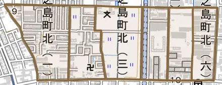 上之島町北とその周辺の地図。町の範囲を重ねている