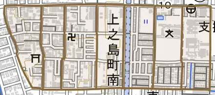 上之島町南とその周辺の地図。町の範囲を重ねている