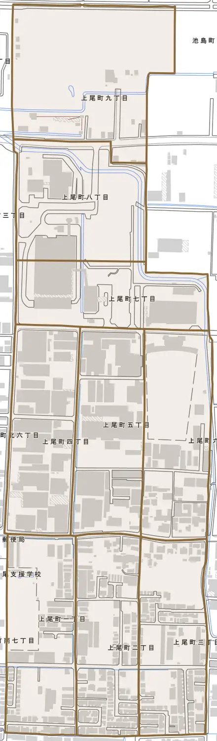 上尾町とその周辺の地図。町の範囲を重ねている