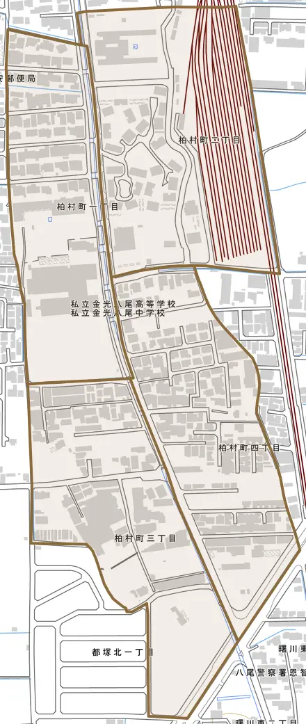 柏村町とその周辺の地図。町の範囲を重ねている