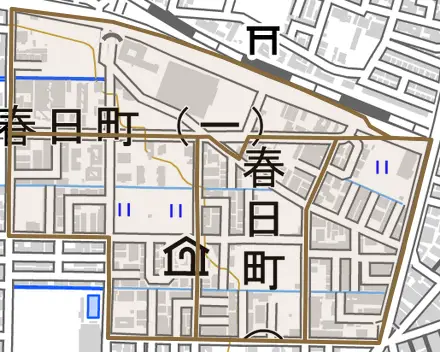 春日町とその周辺の地図。町の範囲を重ねている
