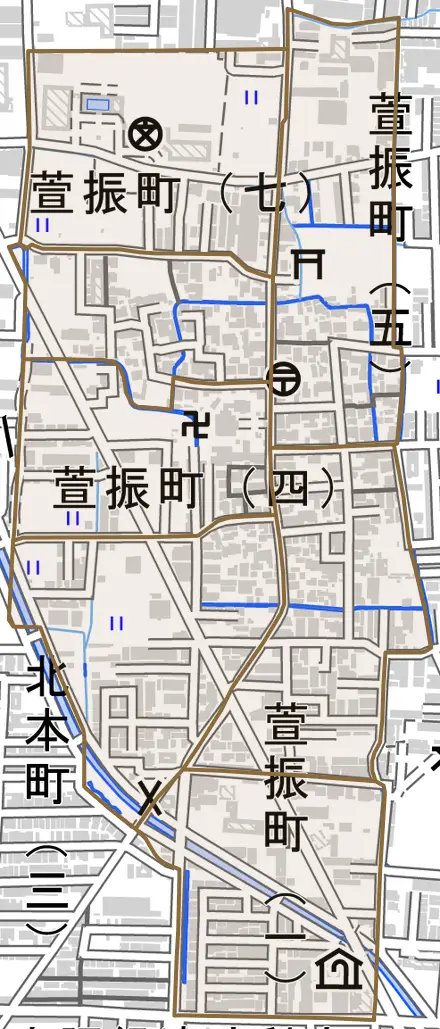 萱振町とその周辺の地図。町の範囲を重ねている