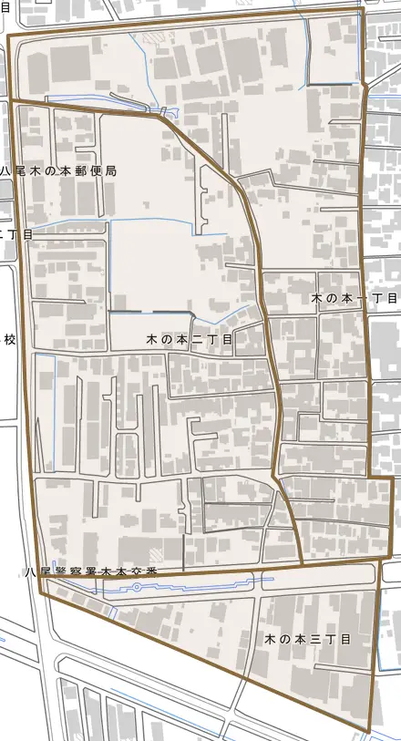 木の本とその周辺の地図。町の範囲を重ねている