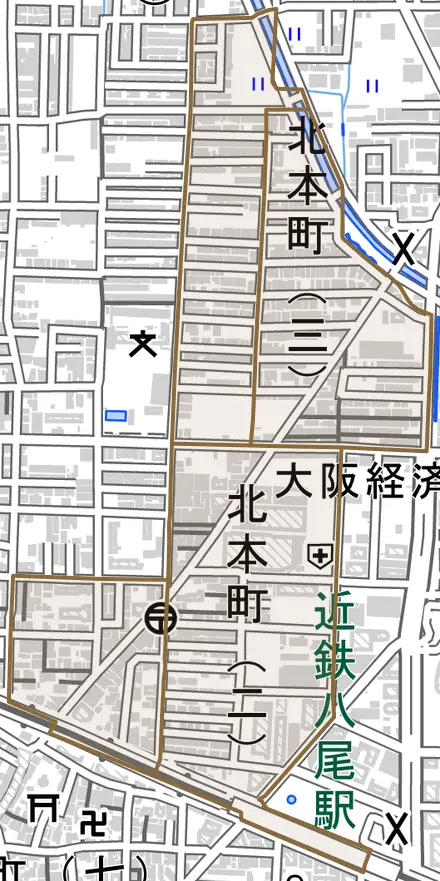 北本町とその周辺の地図。町の範囲を重ねている