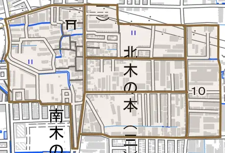 北木の本とその周辺の地図。町の範囲を重ねている