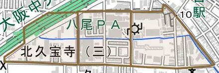 北久宝寺とその周辺の地図。町の範囲を重ねている