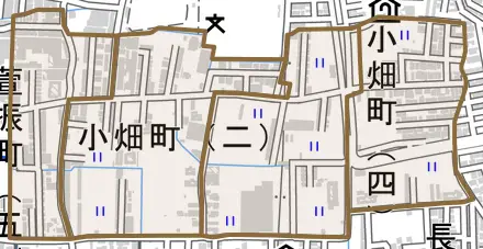 小畑町とその周辺の地図。町の範囲を重ねている