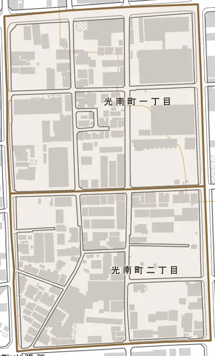 光南町とその周辺の地図。町の範囲を重ねている