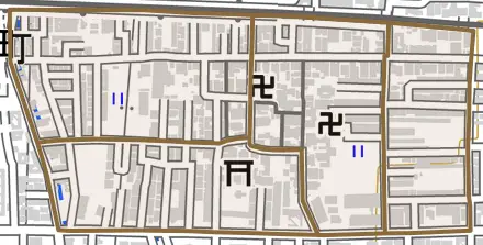 小阪合町とその周辺の地図。町の範囲を重ねている