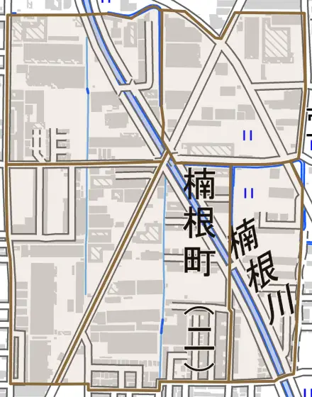 楠根町とその周辺の地図。町の範囲を重ねている