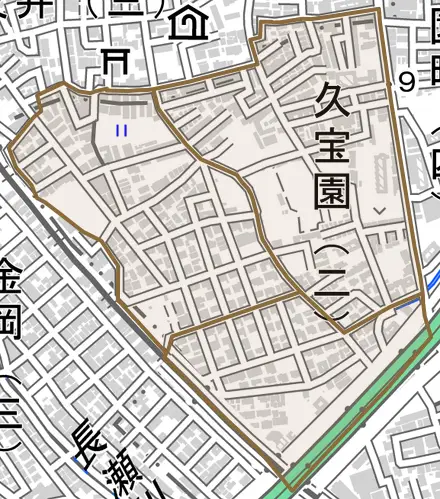 久宝園とその周辺の地図。町の範囲を重ねている