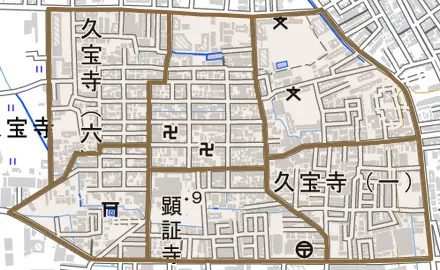 久宝寺とその周辺の地図。町の範囲を重ねている
