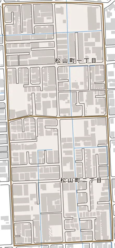 松山町とその周辺の地図。町の範囲を重ねている