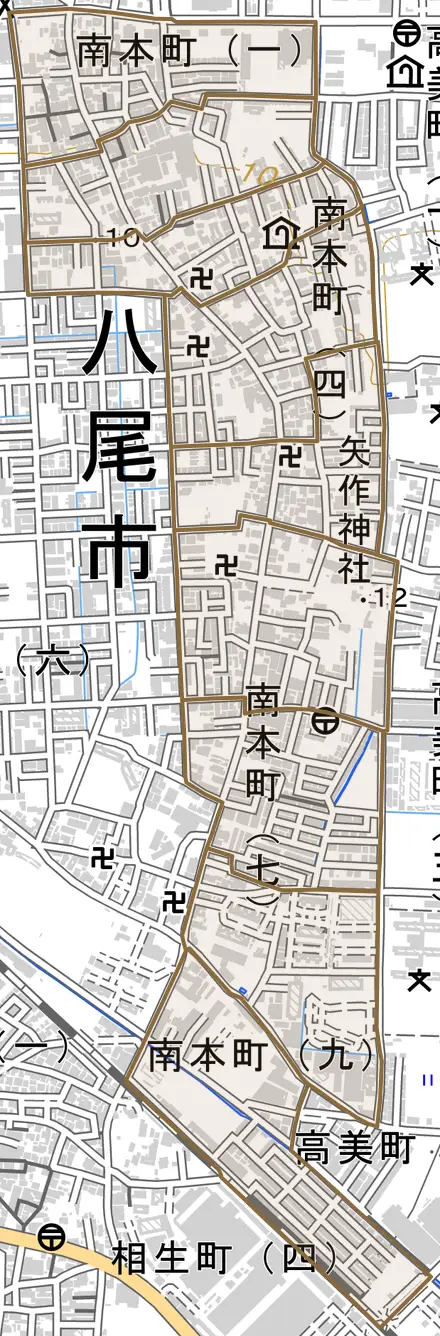 南本町とその周辺の地図。町の範囲を重ねている
