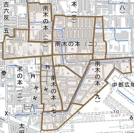 南木の本とその周辺の地図。町の範囲を重ねている