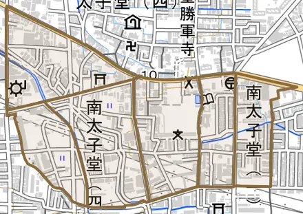 南太子堂とその周辺の地図。町の範囲を重ねている
