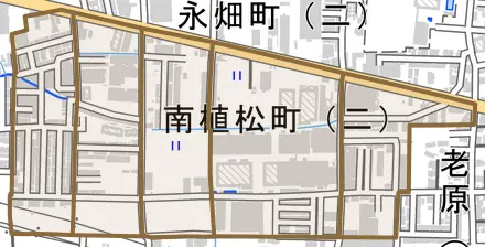 南植松町とその周辺の地図。町の範囲を重ねている