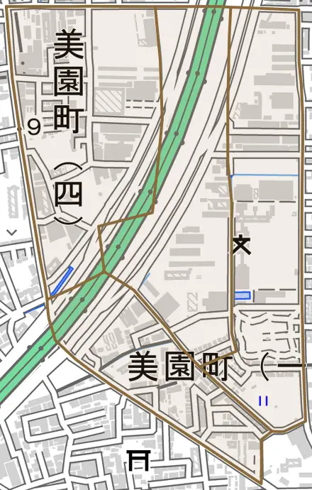 美園町とその周辺の地図。町の範囲を重ねている