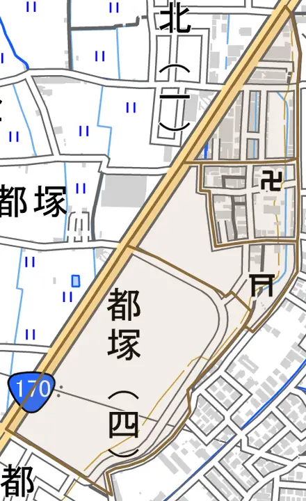 都塚とその周辺の地図。町の範囲を重ねている