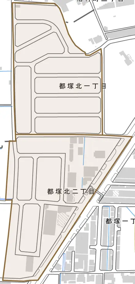 都塚北とその周辺の地図。町の範囲を重ねている