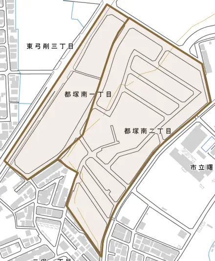 都塚南とその周辺の地図。町の範囲を重ねている