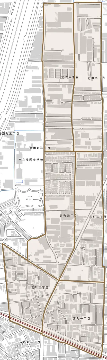 宮町とその周辺の地図。町の範囲を重ねている