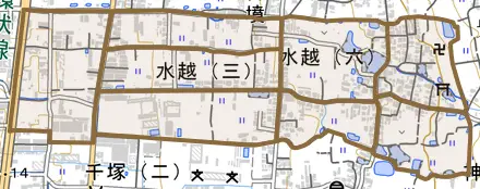 水越とその周辺の地図。町の範囲を重ねている