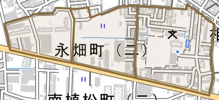 永畑町とその周辺の地図。町の範囲を重ねている