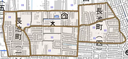 長池町とその周辺の地図。町の範囲を重ねている