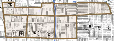 中田とその周辺の地図。町の範囲を重ねている