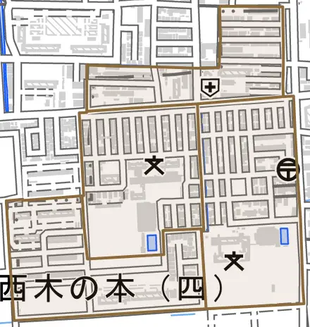西木の本とその周辺の地図。町の範囲を重ねている