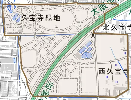 西久宝寺とその周辺の地図。町の範囲を重ねている