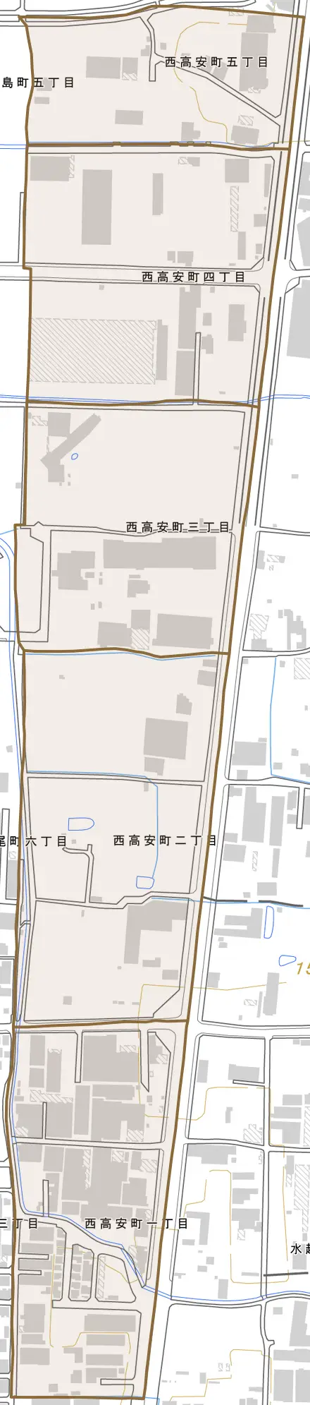 西高安町とその周辺の地図。町の範囲を重ねている