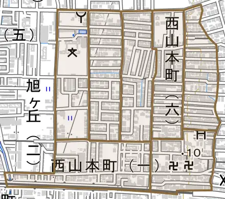 西山本町とその周辺の地図。町の範囲を重ねている