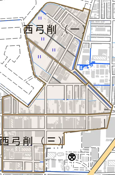 西弓削とその周辺の地図。町の範囲を重ねている