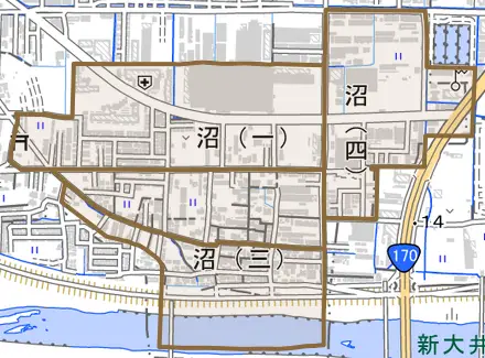 沼とその周辺の地図。町の範囲を重ねている