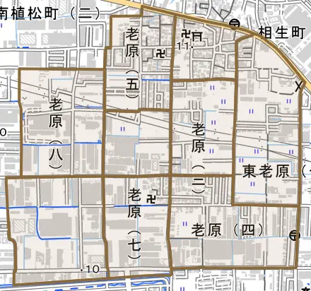 老原とその周辺の地図。町の範囲を重ねている