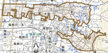 大字大窪とその周辺の地図。町の範囲を重ねている