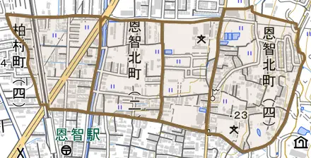 恩智北町とその周辺の地図。町の範囲を重ねている