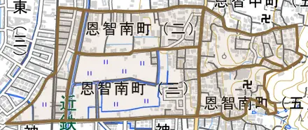 恩智南町とその周辺の地図。町の範囲を重ねている
