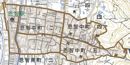 恩智中町とその周辺の地図。町の範囲を重ねている