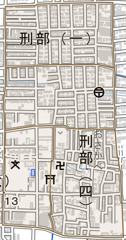 刑部とその周辺の地図。町の範囲を重ねている